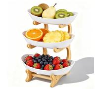 Zencantorous Cestino per Frutta in Plastica a 3 Livelli Piano, Portafrutta a Ripiani con Supporto in Bambù, Cesto di Frutta, Stabile e Senza Scuotere, per Frutta, Torte, Snack e Dolci, Bianco
