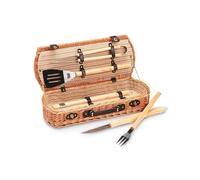 Zendea Borsa Porta Attrezzi Barbecue in Vimini - Set Barbecue Portatile con 5 Accessori in Valigetta, Kit per Barbecue da Campeggio, Attrezzi BBQ da Viaggio e Picnic Outdoor