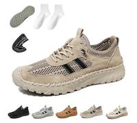 Zenfaze Orthopedic Shoes, Men's Slip-On Orthopedic Leather Hiking Shoes, Breathable Mesh Elastic Laces, Arch Support (Khaki,46)