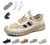 Zenfaze Orthopedic Shoes, Men's Slip-On Orthopedic Leather Hiking Shoes, Breathable Mesh Elastic Laces, Arch Support (Beige,42)