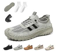 Zenfaze Orthopedic Shoes, Men's Slip-On Orthopedic Leather Hiking Shoes, Breathable Mesh Elastic Laces, Arch Support (Grey,44)