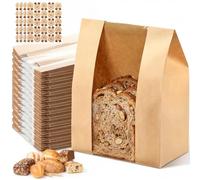 ZENFUN Confezione da 100 sacchetti di carta riutilizzabili con adesivi e finestra trasparente, per alimenti in carta kraft, per pane fatto in casa, biscotti, ciambelle, 20 x 10 x 32 cm