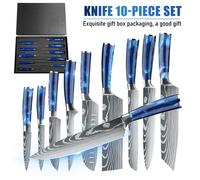 ZENG 5/8/10 pezzi Set di coltelli da cucina Manico in resina blu 7CR17 Acciaio inossidabile Damasco Modello laser Coltello da chef, Affettare Santoku