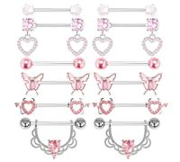 ZENGSING 6 paia di barrette per capezzoli in acciaio inox 14G Gioielli per piercing al capezzolo per donne Anelli per capezzoli argento rosa dritto con cuore e rotondo Cubic Zirconia Barrette (Rosa)