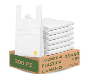 Zenic | Sacchetti Plastica Traslucidi con Manici | Lotto 200 Pezzi 35 x 50 cm | Resistenti Flessibili in LDPE | Per Frutta Macelleria Pescheria Tutti i Mercati e Congelamento Cucina Alimentare di Casa