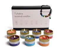 Zenith Gaia Set di candele Chakra - Candele profumate a mano con cristalli premium in eleganti ciotole di latta con bracciale Chakra, set da 7 per meditazione, antistress e equilibrio spirituale