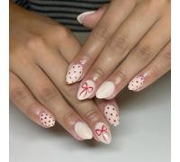 ZenithBurst 24 pezzi Valentine Polka Dot Press on Nails, Medium Cute Fake Nails Almond, Red Bow Design, Glossy Acrylic White Full Cover Glue on Nails