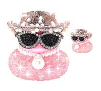 ZenithBurst Pink Diamond, anatra in gomma glitterata per auto, anatra da bagno con cappello da cowboy, occhiali e collana di perle, in gomma