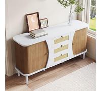 Zenithz Credenza a buffet in rattan con 3 pannelli in tessuto e porte scorrevoli, cabinet di storage da 55 pollici, rivestimento curvo regolabile, bianco e legno naturale per la sala da pranzo