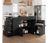 Zenithz Isola da cucina, 140 x 40 x 89 cm, con 2 sgabelli da bar, armadio da cucina, 6 cassetti, larghezza regolabile su 70 cm, con maniglie dorate, piano di lavoro, bianco/nero per cucina, sala da