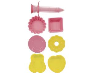 Zenker 44896 Set di 7 utensili da pasticceria con penna decorativa e mini stampi, kit per bambini, stampo fantasia, siringa pasticceria, silicone, termoplastica, rosa, giallo, 5,3 cm a 12 cm