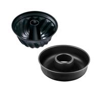 Zenker 9925150 - Set di 2 stampi per torta, stampo per kouglof, stampo per kougelhopf, stampo per savarin a fondo liscio, stampo a corona, stampo per camino, acciaio, nero, 28 e 25 cm