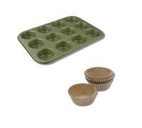 Zenker 9983950 - Set di 2 pezzi per la cottura di muffin eco friendly, piastra 12 impronte, set di 40 stampi in carta, acciaio, cera di carnauba, carta, verde, marrone, 38,5 e 7 cm