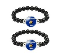 ZENRUIMING 2 braccialetti con perline nere con bandiera del Wisconsin, braccialetto elastico regolabile fatto a mano, braccialetto con bandiera dello Stato degli Stati Uniti, braccialetto casual per