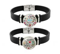 ZENRUIMING Confezione da 2 braccialetti cristiani ispiratori in spagnolo, gioielli religiosi in pelle e vetro con dedica "El Tiempo de Dios es Perfecto" - Regalo per i propri cari