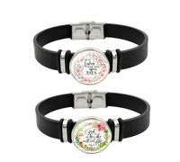 ZENRUIMING Set di 2 braccialetti in pelle con dedica della Bibbia, gioielli cristiani con ciondolo in vetro - "Turn Your Eyes Upon Jesus" "God Is in Her, She Will Not Fall"