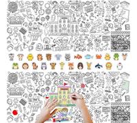 ZenyTra Pittura scolastica a tema per bambini - enorme tovaglia da colorare (design campus) + 25 divertenti adesivi con animali, kit fai da te per compleanno dei bambini, scuola e attività creative
