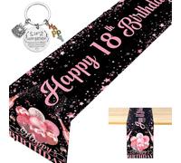 ZenyTra Runner da tavola per il 18° compleanno, decorazione da tavolo, 183 x 35 cm, per feste, ragazzi/ragazze, decorazione di compleanno, tovaglia in lino, per cucina/cena (nero/rosa)