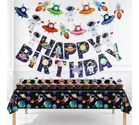ZenyTra Set di decorazioni per compleanno, 16 pezzi, con 2 striscioni, 13 topper per cupcake e tovaglia da 130 x 220 cm, decorazione per feste con astronauta
