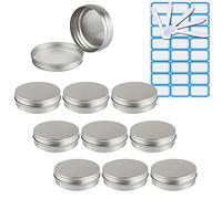 ZEOABSY 10 Pezzi Barattoli di alluminio 100ml a Vite Argento Scatola in Alluminio Forma Rotondo, Vasetti per DIY Candele Cosmetico Caramella Gadget Balsamo Labbra, 1x Etichette e 5x Spatola