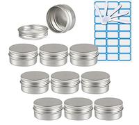 ZEOABSY 10 Pezzi Barattoli di alluminio 30ml a Vite Argento Scatola in Alluminio Forma Rotondo, Vasetti per DIY Candele Cosmetico Caramella Gadget Balsamo Labbra, 1x Etichette e 5x Spatola