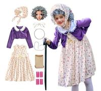 ZEPFJHE 100 Days Of School Fancy Granny Costume Set Grigio Vecchia Signora Parrucche Nonna Nonna Occhiali Collana Perle Stampella Vestito Halloween Cosplay Costume Accessori