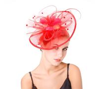 ZEPFJHE Cappello con velo rifinito con piume amichevole, comodo design traspirante, copricapo da sposa per donne e ragazze, copricapo con piume, Rosso, Taglia unica