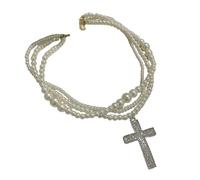 ZEPFJHE Collana con ciondolo a forma di croci luccicanti con perle simulate impilabili e stile francese retrò, gioielli artigianali per donne alla moda collana di perle finte