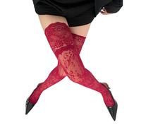 ZEPFJHE Eleganti calze a rete in pizzo calze alte alla coscia retrò motivo floreale elastico in nylon sopra il ginocchio calze per le donne 8 colori opzione legwear donna, Rosso vinaccia, Taglia unica