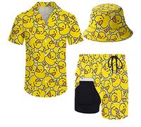 ZePinger Camicia e pantaloncini da uomo giallo anatra set bottoni camicia pantaloncini 2 pezzi tuta con cappello a secchiello, Anatra gialla., Medium