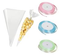 ZEPIQOR 100 Pezzi Sacchetti di Caramelle Trasparenti Sacchetti di Cono di Cellophane Sacchetti di Caramelle con Nastro Dorato per Regali di Caramelle Feste di Compleanno Feste di Nozze, 25x13 cm