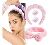 ZEPIQOR Fascia Capelli Donna Trucco, 4 Pcs Fascia Capelli Spugna Fascia Spa con Braccialetto per il Trucco, Fasce Capelli Trucco Fiocco Fascia Doccia Capelli per Lavaggio Viso, Doccia, Terme(rosa)