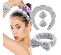 ZEPIQOR Fascia Capelli Donna Trucco, 4 Pcs Fascia Capelli Spugna Fascia Spa con Braccialetto per il Trucco, Fasce Capelli Trucco Fiocco Fascia Doccia Capelli per Lavaggio Viso, Doccia, Terme(Grigio)