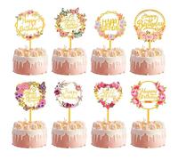 Zepitniy 8 Pezzi Floreali Oro Topper Acrilico Torta Deco Torte Compleanno Happy Birthday Torta Topper di Torta Decorazioni per Torte Compleanno Feste Glitter Party Decorations