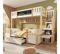 Zepneiy Letto a castello con 2 cassetti e armadio a scala, letto per bambini con lavagna nera e scala di stoccaggio, per 3 bambini 90 x 200 e 140 x 200, legno massiccio naturale e bianco(senza