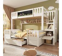 Zepneiy Letto a castello con 2 cassetti e armadio a scala, letto per bambini con lavagna nera e scala di stoccaggio, per 3 bambini 90 x 200 e 140 x 200, legno massiccio bianco (senza materasso)
