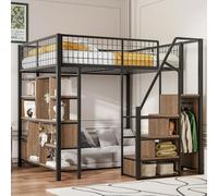 Zepneiy Letto a soppalco 140 x 200 cm, mensole e scale con vano portaoggetti, letto in metallo, multifunzionale, nero (materasso non incluso)