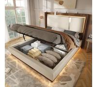Zepneiy Letto matrimoniale imbottito 140 x 200 cm con luce a LED, letto di stoccaggio idraulico, letto baule con rete a doghe in tessuto di lino, beige (materasso non incluso)