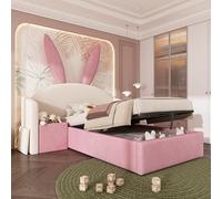 Zepneiy Letto per bambini 90 x 200 con testiera con orecchie di coniglio, letto imbottito con angeli idraulici e comodino, velluto beige e rosa(senza materasso)