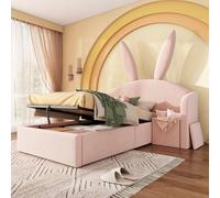 Zepneiy Letto per bambini 90 x 200 con testiera per orecchie di coniglio, letto imbottito con angeli idraulici e comodino, velluto rosa (senza materasso)