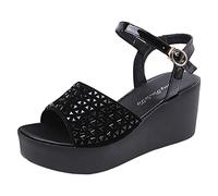 Zeppe Nere Donna Sandali Bassi Comode Eleganti Colore Solido Estivo da Donna Una Parola Con Bocca di Pesce a Spessa Pendenza Inferiore Con Paillettes Sandali da Scarpe Estive (Black 39)