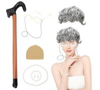Zequech Set di 8 pezzi per nonna - Cosplay - grigio bianco - parrucca corta - bastone da passeggio gioielli di perle (catena/braccialetto/orecchini), occhiali in metallo con catena, per carnevale