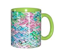 ZERAOKE Tazza da caffè in ceramica con stampa a squame di sirena, 325 ml, design classico con bordo verde liscio, adatta al microonde per casa, ufficio, caffetteria/lavastoviglie