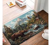Zerbini Bear Cabin Wild Animal Rustic Bear Tree Mountain River Nature Scenery Zerbino Morbido Tappetino Doccia Antiscivolo Tappeti per Ingresso Vasca da Bagno Corridoio 40X60 CM