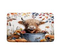 Zerbini Cute Highland Cow Fall Thanksgiving Day Blue Maple Leaves Pumpkin Rustic Farm Animal Cow Tappeti Lavabile in Lavatrice Zerbino per Cucina Camera da Letto Corridoio 40X60 CM