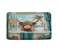 Zerbini Highland Cow Blue Scenery Brown Farm Animal Cow Funny Nature Zerbino per Porta Antiscivolo Tappetino Doccia Morbido Zerbini per Porta per Corridoio Ingresso Camera da Letto 40X60 CM
