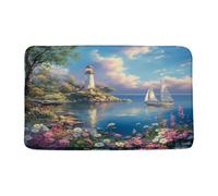 Zerbini Lighthouse Blue Sea Coastal Pink White Flower Tree Lighthouse Vintage Scenery Tappeti Morbido Zerbini per Porta per Ingresso Vasca da Bagno Corridoio 40X60 CM