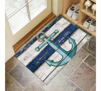 Zerbini per Interni 45 x 75 cm, Zerbini Morbidi Lavabili in Lavatrice Retrò Nautico, Assorbente Antiscivolo Basso Profilo Tappetino Venatura Legno Ancora per Ingresso, Cucina Blu
