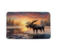 Zerbini Winter Cabin Moose Wild Animal Deer Snowy Tree Sunset Rustic Farmhouse Nature Scene Christmas Lavabile in Lavatrice Tappeti Decorazione per Camera da Letto Cucina Corridoio 40X60 CM