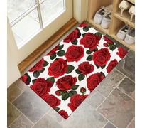 Zerbino 45 X 75 Cm - Rose Rosse Zerbino Morbido Rosso Tappeto Per Ingresso E Interno, Fondo Antiscivolo Gommato, Facile Da Pulire - Rettangolare - Fiori Romantici